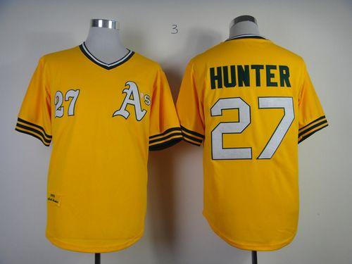 Mitchell And Ness Athletics #27 Catfish Hunter Yellow Throwback Stitched MLB Jersey